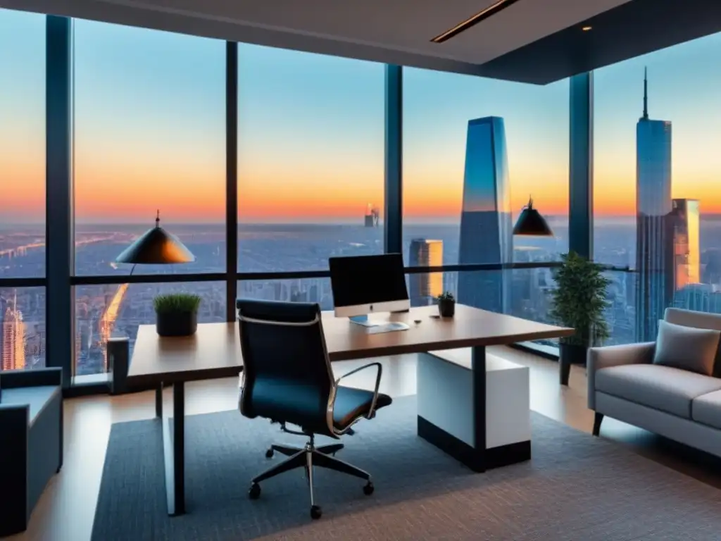 Oficina moderna con vista panorámica a la ciudad para afiliados inmobiliarios Oficina moderna con vista panorámica a la ciudad y plataformas listado propiedades afiliados