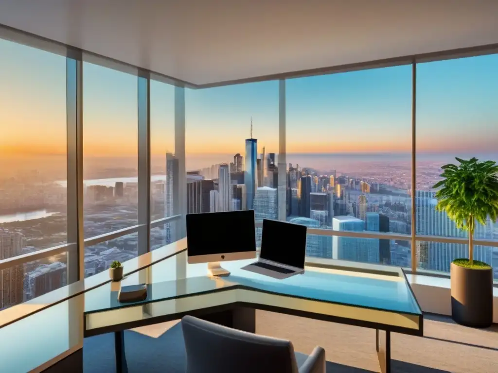 Oficina moderna con vista panorámica: plataforma de afiliados inmobiliarios Oficina moderna con vista panorámica de la ciudad