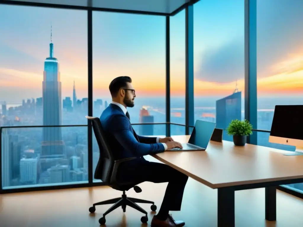 Oficina moderna con Windows a la ciudad: alta productividad en CPC Oficina moderna con vista panorámica a la ciudad