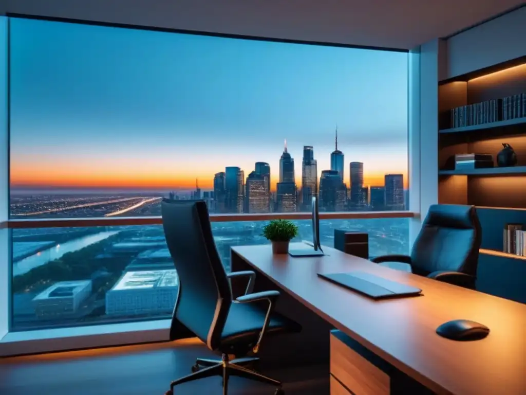 Oficina moderna con vista a la ciudad al atardecer Oficina moderna con vista panorámica de la ciudad al atardecer, enfatizando profesionalismo en inversiones inmobiliarias cumplimiento regulatorio