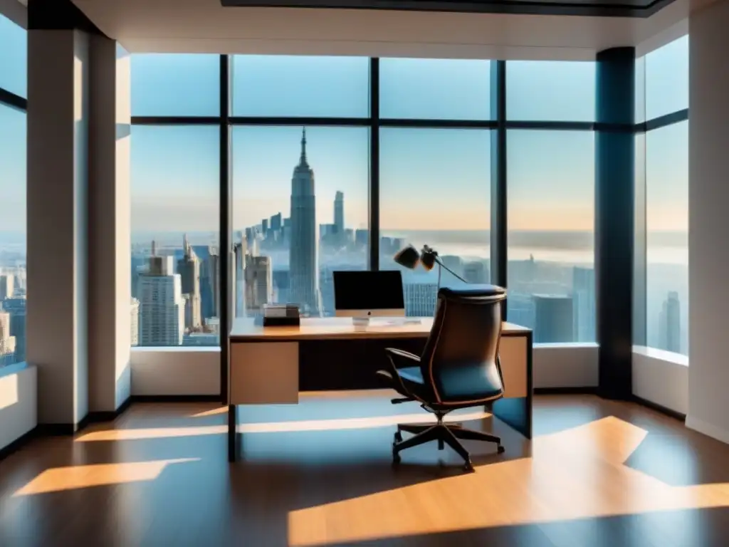 Oficina moderna con vista panorámica a la ciudad Oficina moderna con vista panorámica de la ciudad, mobiliario minimalista y decoración sofisticada