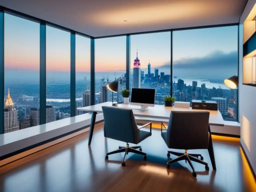 Oficina moderna con vista panorámica de la ciudad Oficina moderna con vista panorámica de la ciudad y muebles minimalistas, ideal para las mejores aplicaciones de gestión inmobiliaria