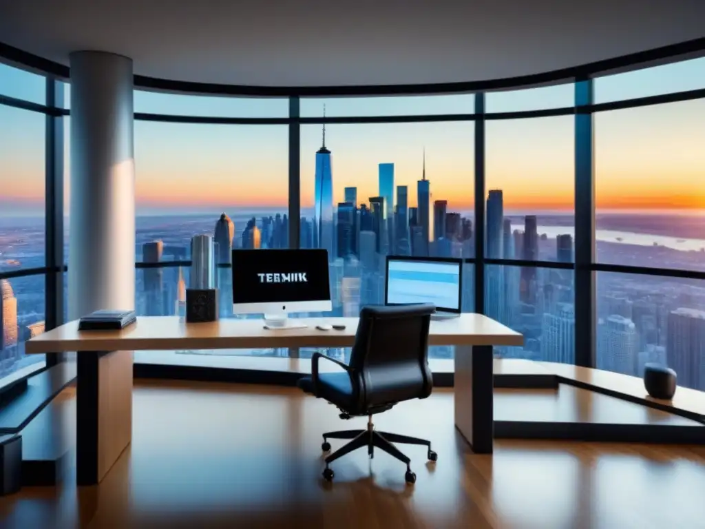 Oficina moderna con vista panorámica de la ciudad y tecnología avanzada Oficina moderna con vista panorámica de la ciudad, muebles contemporáneos y gráficos financieros