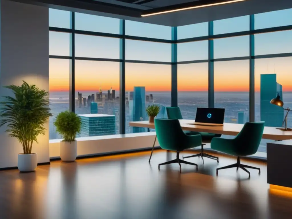 Oficina moderna para gestión inmobiliaria: 8k panorámica Oficina moderna con vista panorámica de la ciudad, Apps de gestión inmobiliaria online