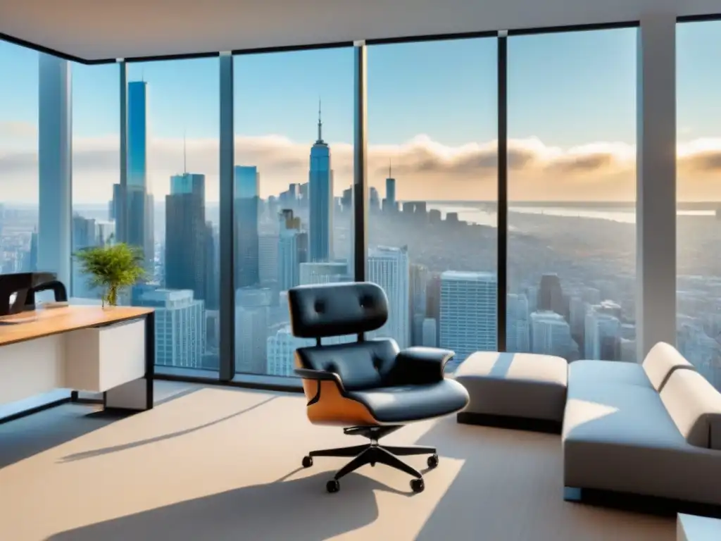 Oficina moderna con vista panorámica a la ciudad: elegancia y sofisticación Oficina moderna con vista panorámica de la ciudad, muebles contemporáneos y toques de naturaleza
