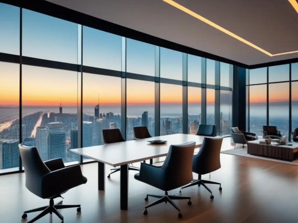 Oficina moderna de lujo con vista panorámica a la ciudad Oficina moderna con vista panorámica a la ciudad, muebles minimalistas y tecnología punta