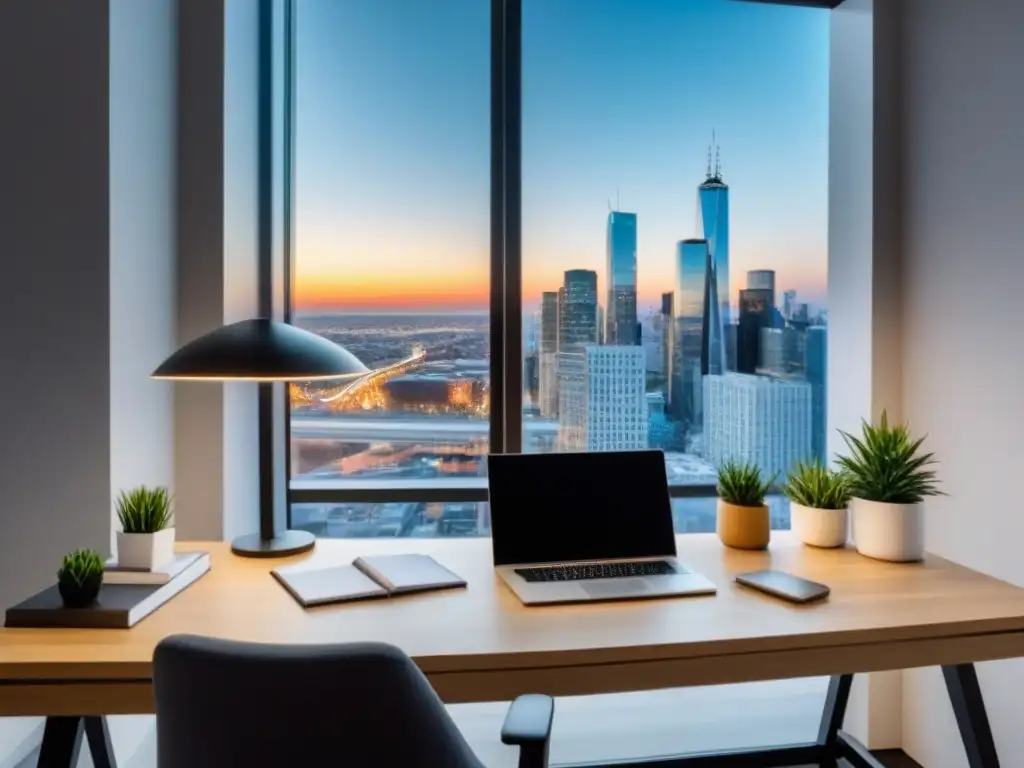 Oficina moderna con estrategias de marketing inmobiliario Oficina moderna con vista urbana, libros de técnicas de SEO y notas sobre SEO para afiliados inmobiliarios