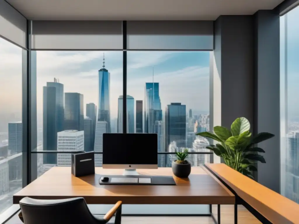 Oficina de lujo con vista panorámica: inversión inmobiliaria y financiera Oficina moderna con vista urbana, escritorio elegante, libros de inversión inmobiliaria y elementos contemporáneos