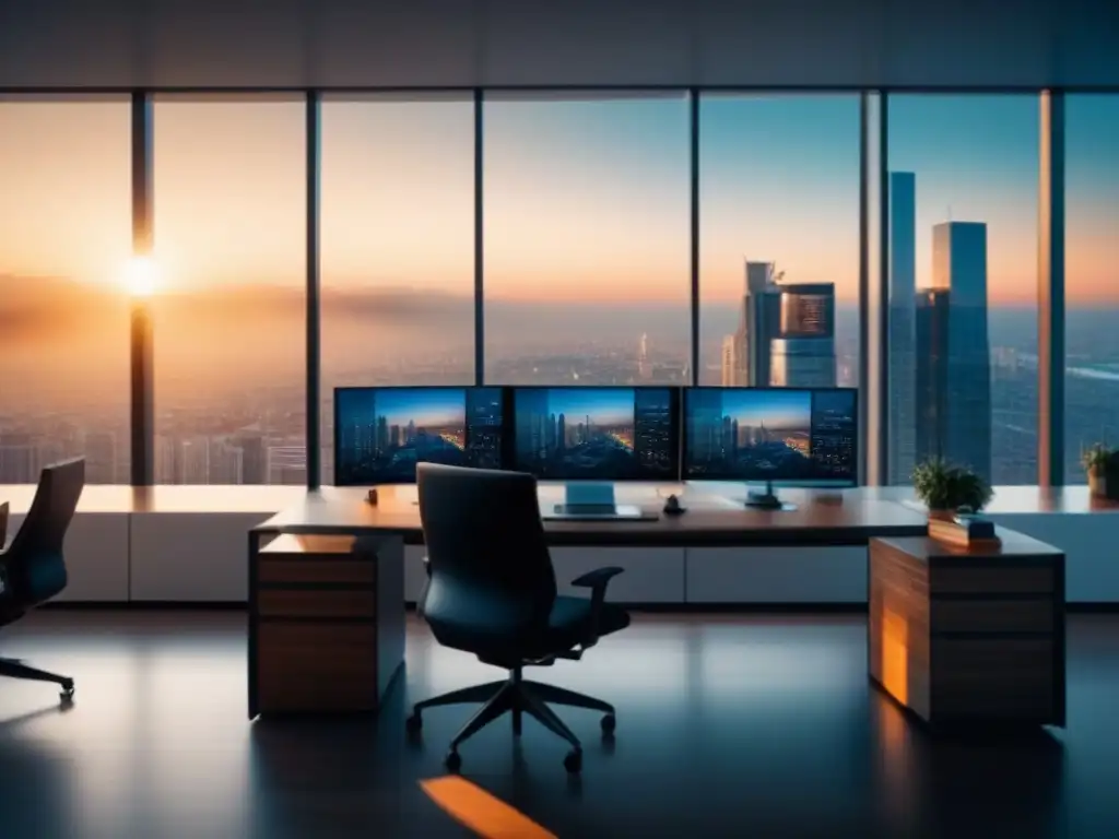 Oficina ejecutiva con vista urbana al atardecer Oficina moderna con vista urbana al atardecer