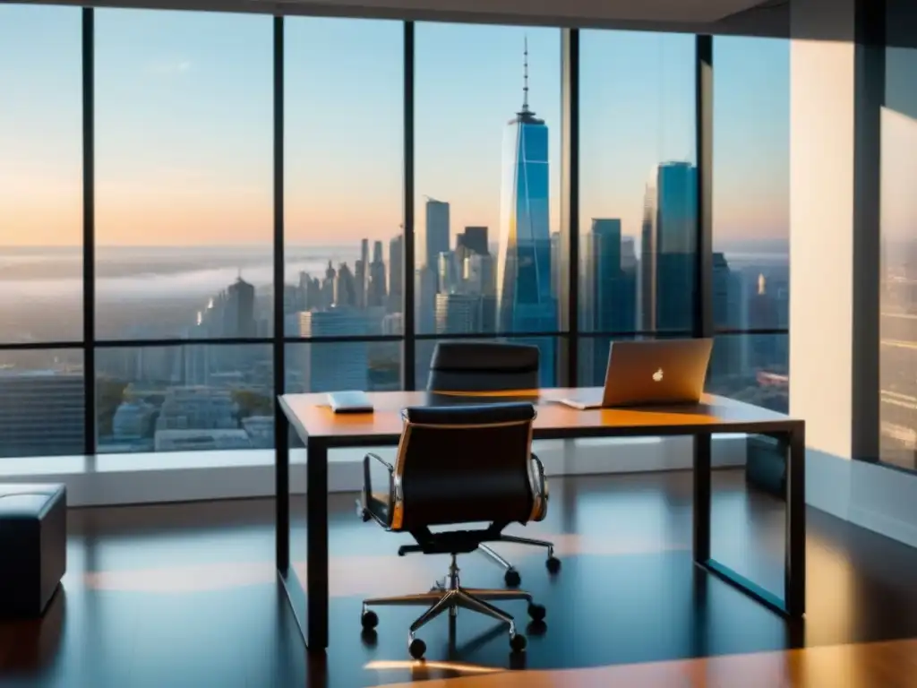 Oficina moderna con vista panorámica y documentos legales de sindicación inmobiliaria Oficina moderna con vista urbana, escritorio de vidrio y documentos legales sobre Sindicación inmobiliaria aspectos legales