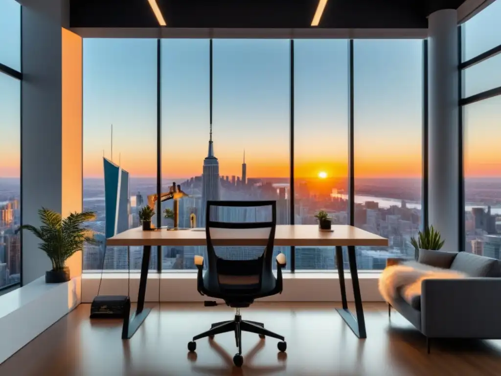 Oficina moderna con vista panorámica y estrategias de marketing inmobiliario Oficina moderna con vistas a la ciudad, contenido atractivo promoción listados propiedades