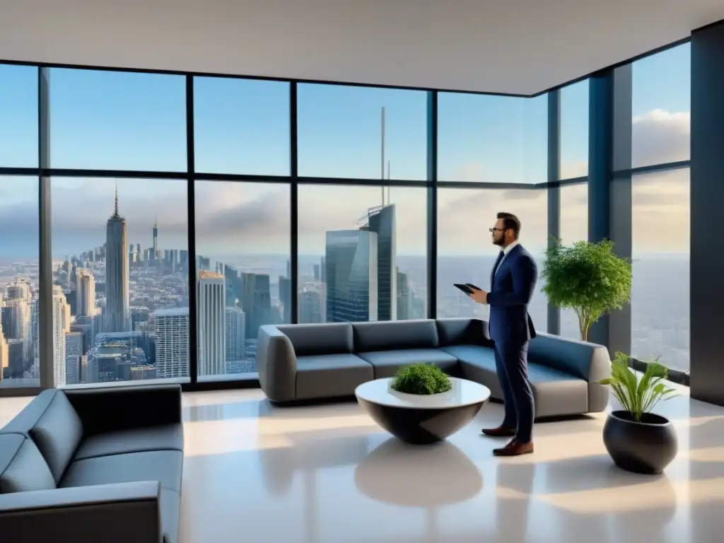 Oficina moderna con vista a la ciudad: profesionalidad y colaboración Una oficina moderna con vistas a la ciudad, donde la sinergia entre seguros y bienes raíces cobra vida