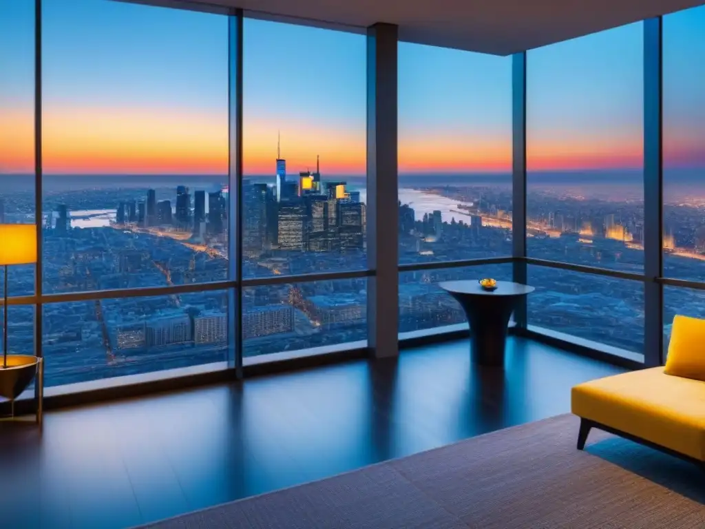 Oficina de gestión inmobiliaria de lujo con vista panorámica al atardecer Oficina de gestión de propiedades de lujo con paredes de vidrio y vista a la ciudad al atardecer, ideal para discusiones de privacidad