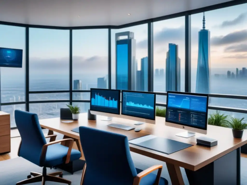 Oficina de seguros moderna y sofisticada en la ciudad Una oficina de seguros moderna y elegante con vista a la ciudad