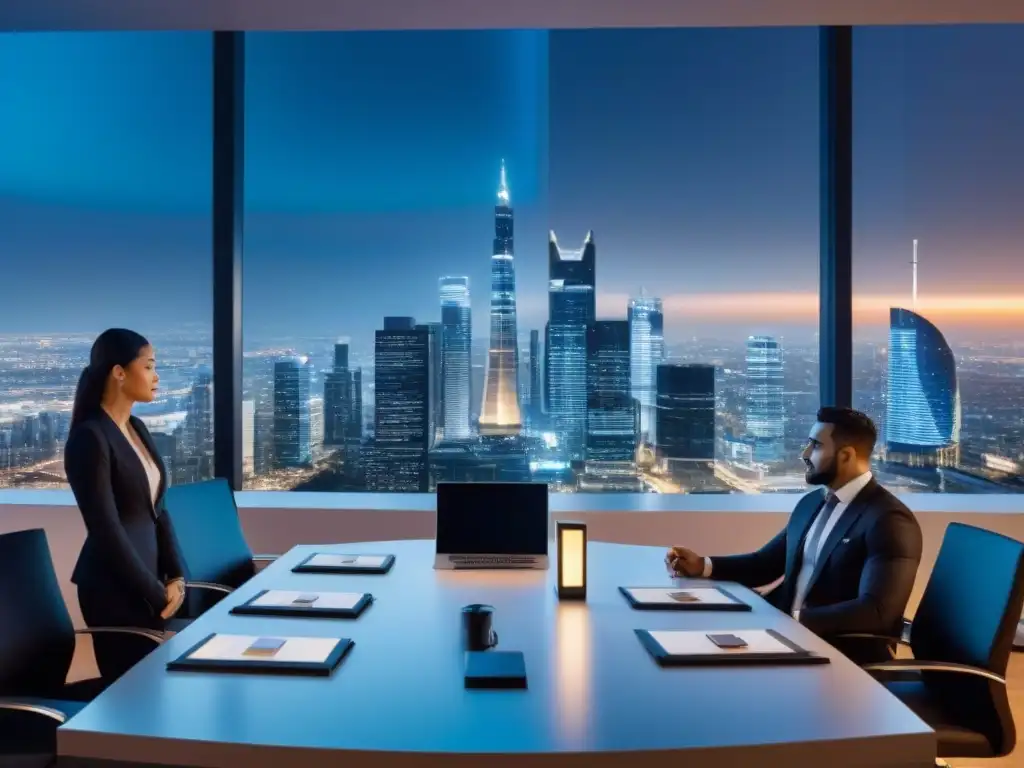 Oficina Fintech con tecnología de vanguardia y vistas nocturnas de la ciudad