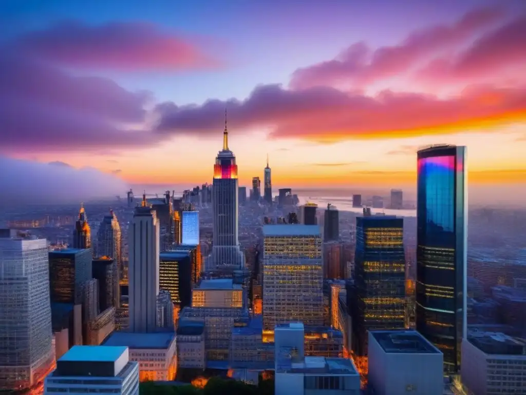 Skyline inclusivo: Orgullo LGBTQ+ en edificios de oficinas Oficinas altas con banderas LGBTQ+ ondeando al atardecer, representando el financiamiento inmobiliario para LGBTQ+