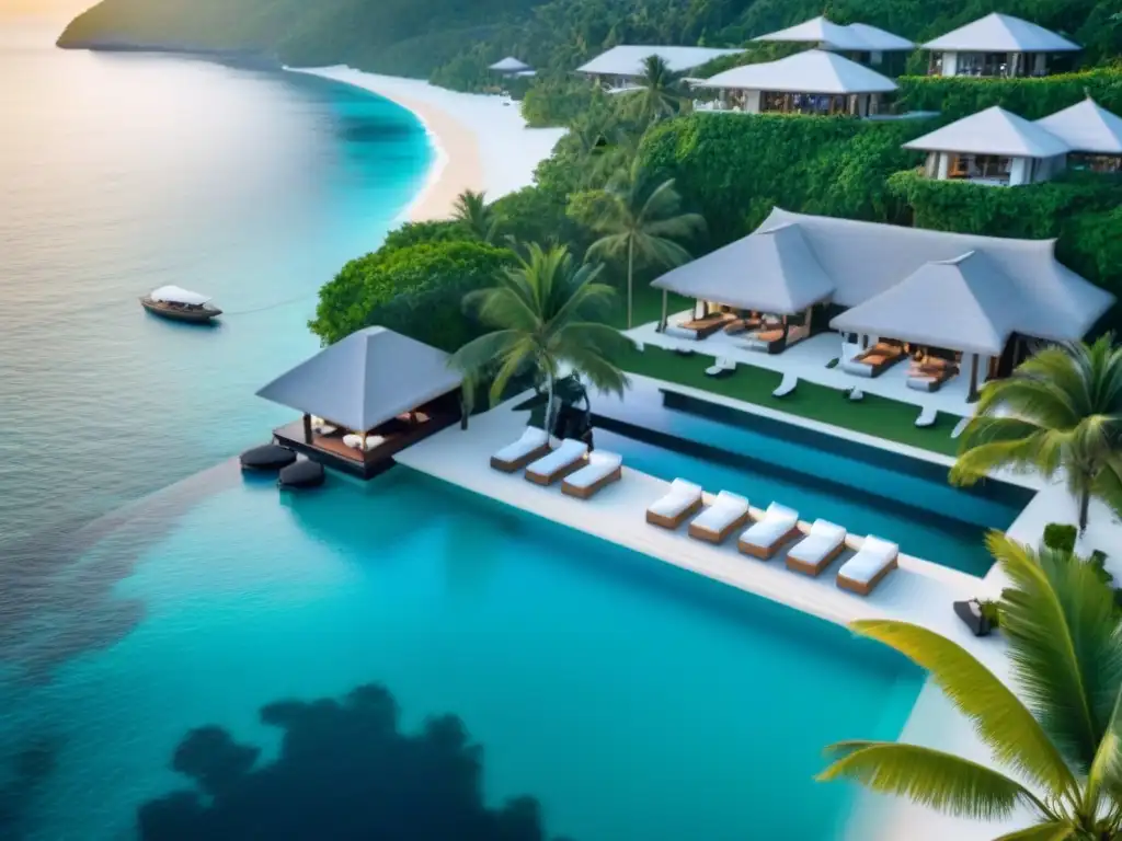 Resort de lujo frente al mar: opulencia y exclusividad Opciones de financiamiento para inversores: Resort de lujo con playa, villas y piscinas infinitas, atardecer dorado y terraza elegante