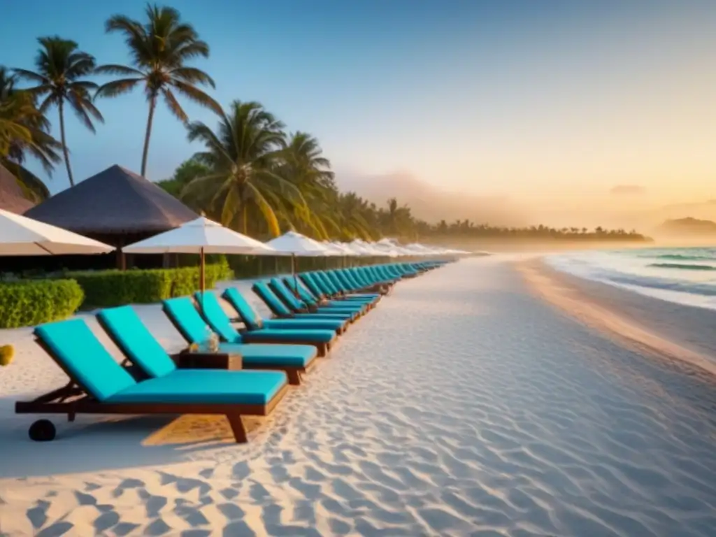 Inversión en paraíso playero: atardecer en resort de lujo Opciones de financiamiento para inversores: Resort de lujo con playa, palmeras y sillas en la arena blanca al atardecer