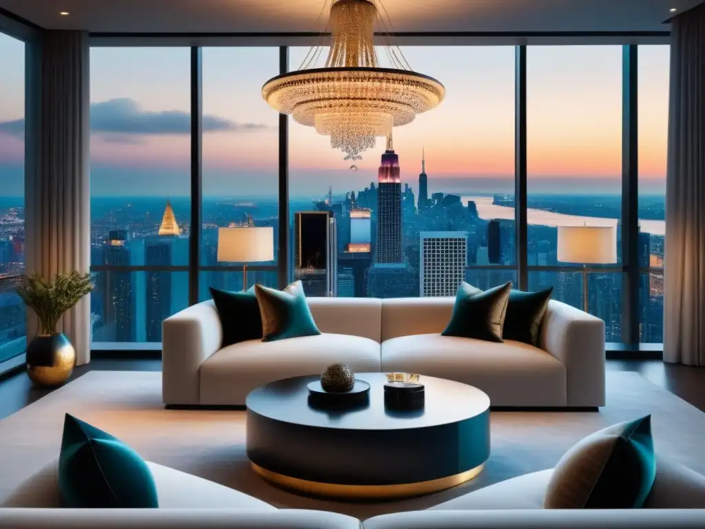 Salón de lujo moderno con vista urbana en 8k Opciones refinanciamiento lujo inmobiliario: Elegante sala de estar de penthouse con vista panorámica a la ciudad y decoración sofisticada