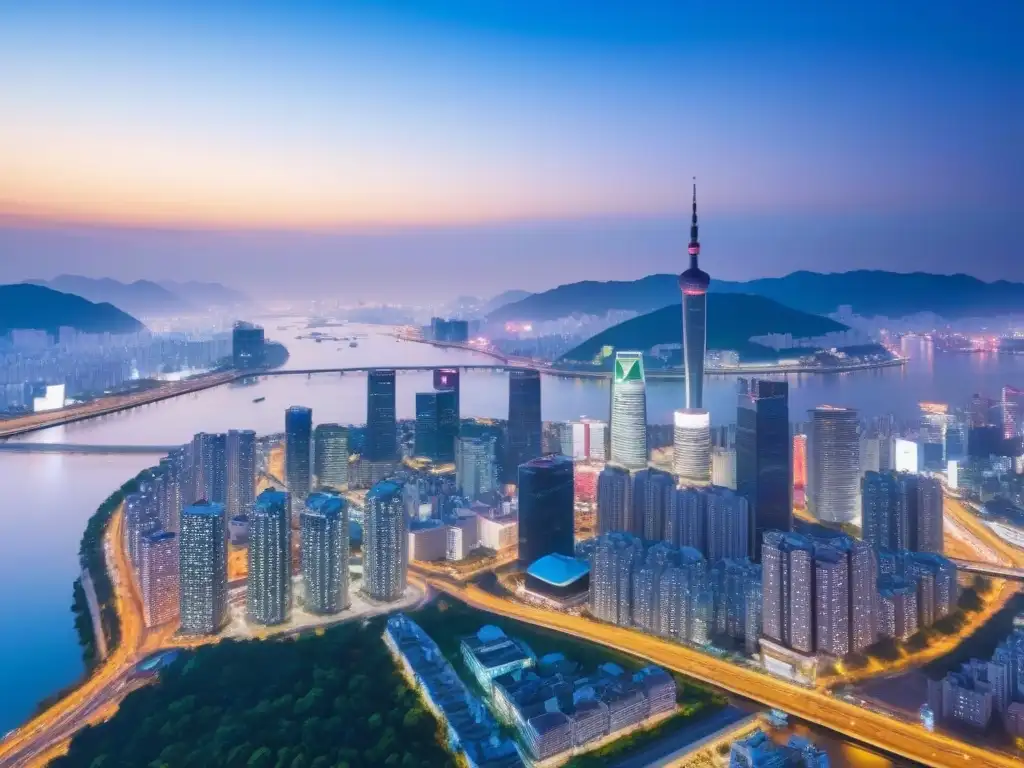 Espectacular vista aérea de Seúl al anochecer: luces de la ciudad y río Han Oportunidades de financiamiento inmobiliario en Corea: vista aérea impresionante del skyline de Seúl al anochecer