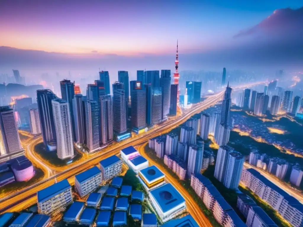 Horizonte futurista: ciudad asiática con rascacielos y luces neón Oportunidades de financiamiento inmobiliario en Asia: una vista aérea impresionante de un bullicioso horizonte urbano futurista, iluminado por luces de neón vibrantes