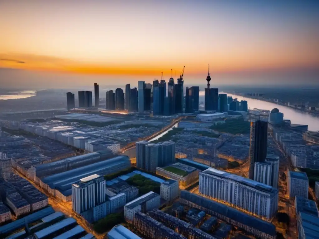 Renovación arquitectónica: skyline diverso al atardecer Oportunidades inmobiliarias postcrisis inversión: Una vista aérea impresionante de la ciudad al atardecer, con rascacielos modernos y edificios históricos en contraste, simbolizando la resiliencia y transformación del sector inmobiliario