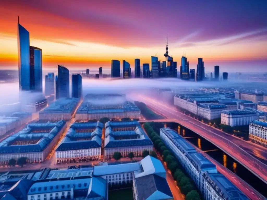 Metrópolis europea: fusión histórica y moderna al atardecer Oportunidades inmobiliarias Europa del Este: Vibrante metrópolis europea, mezcla de historia y modernidad al atardecer