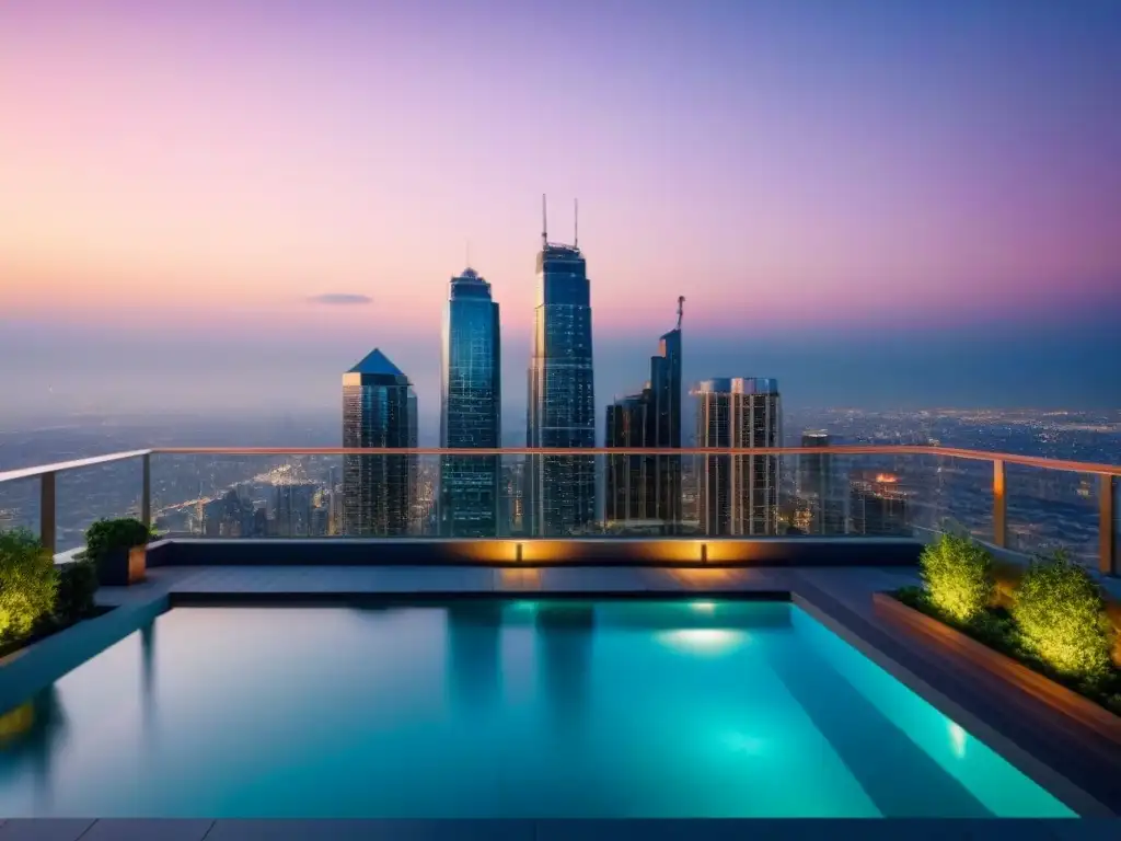 Edificio de lujo con vista urbana al atardecer en 8k Oportunidades de inversión inmobiliaria en un edificio de lujo con vistas a la ciudad al atardecer
