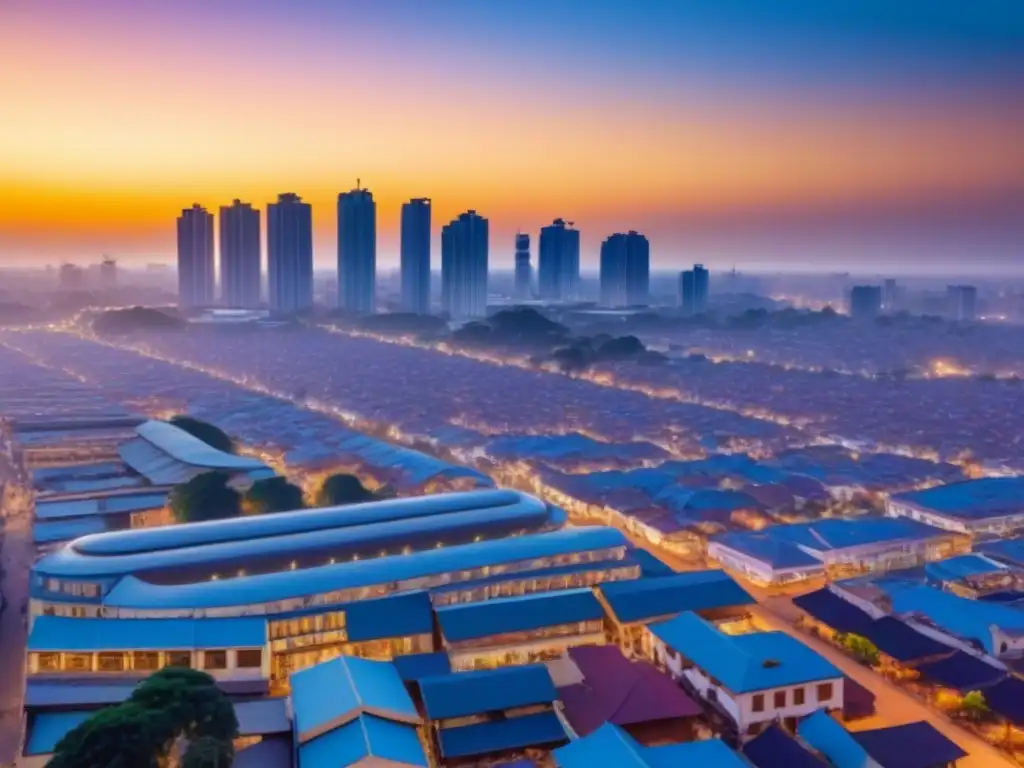 Paisaje urbano africano al atardecer: modernidad y tradición Oportunidades de inversión inmobiliaria en África: vibrante ciudad africana al atardecer, arquitectura moderna y tradicional, gente y vehículos en las calles, sol dorado