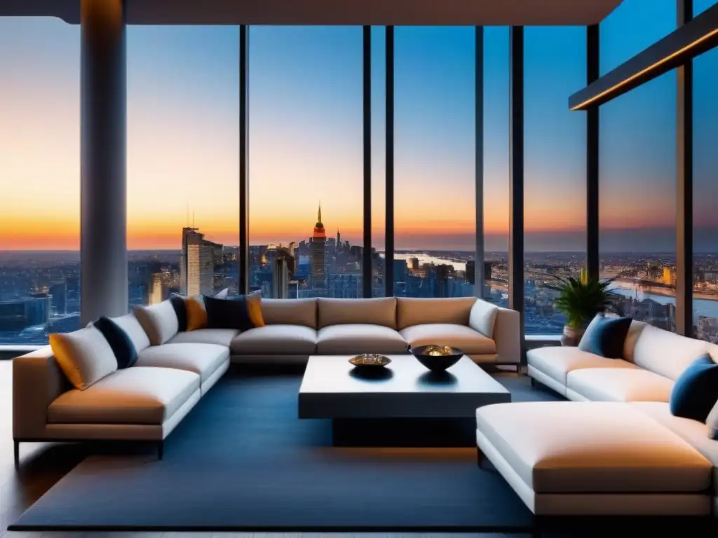 Penthouse de lujo con vista a la ciudad al atardecer Un opulento ático moderno con vista a la ciudad al atardecer