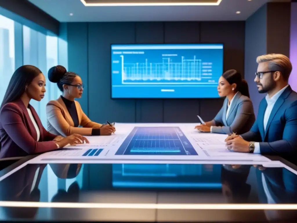 Equipo diverso planeando futuro financiero Afrontando pagos préstamo hipotecario: Grupo diverso discute detallado plan financiero en mesa futurista