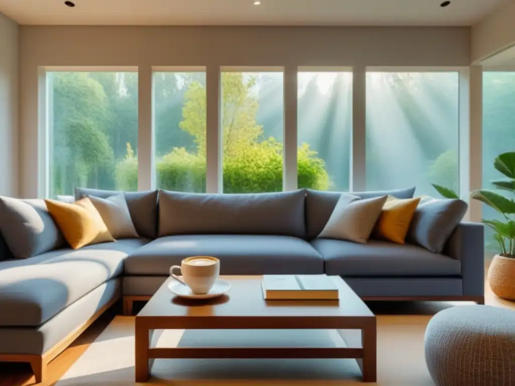 Salón moderno para planificar finanzas y hipoteca Afrontando pagos préstamo hipotecario en sala moderna con libros de planificación financiera, laptop y café junto a ventana panorámica