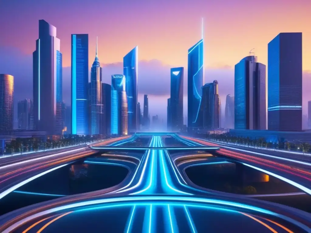 Ciudad Futurista: Arquitectura AI Avanzada y Finanzas Digitales Un paisaje futurista de alta tecnología con impacto de la inteligencia artificial en finanzas inmobiliarias