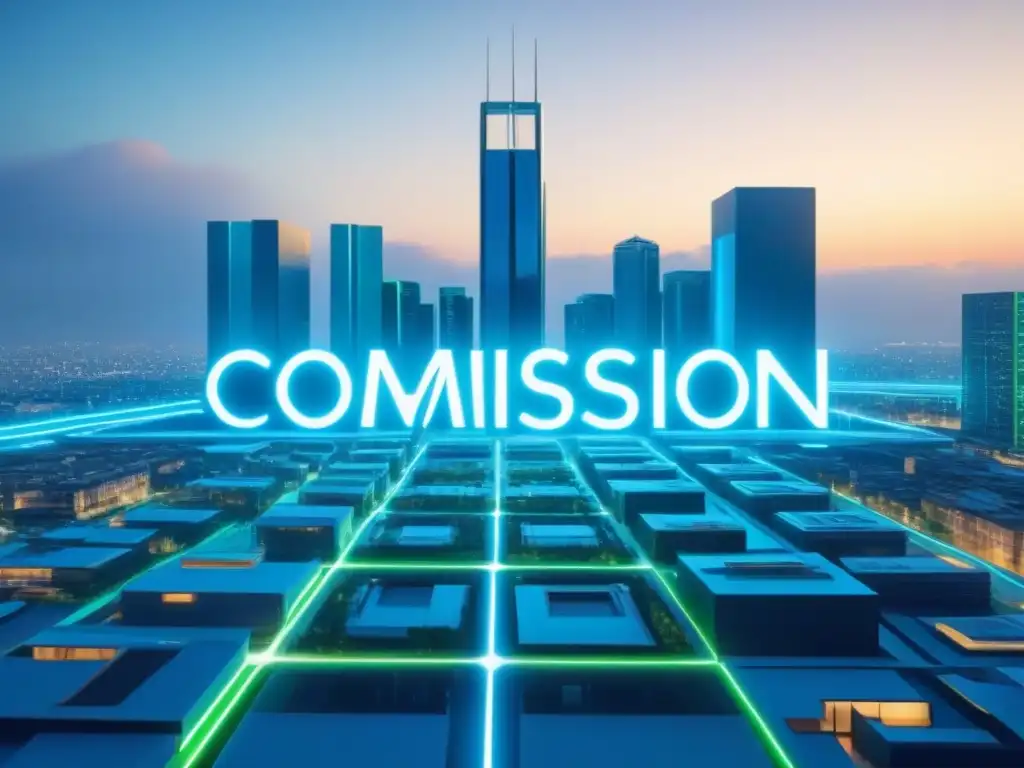 Redes de edificios futuristas: ingresos de comisiones en bienes raíces Un paisaje futurista de edificios interconectados con símbolos de comisiones brillantes, representando el éxito financiero en préstamos inmobiliarios