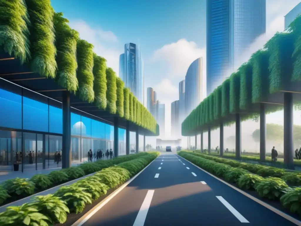 Metrópolis futurista: edificios verdes con IA avanzada Un paisaje futurista donde la inteligencia artificial transforma el financiamiento inmobiliario hacia la sostenibilidad
