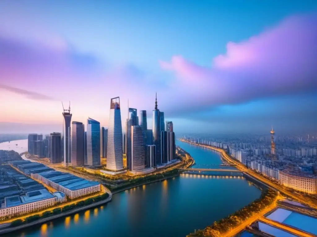 Espectacular skyline urbano al anochecer Transformación del paisaje inmobiliario regional: vibrante ciudad al atardecer con rascacielos iluminados y río sereno reflejando luces