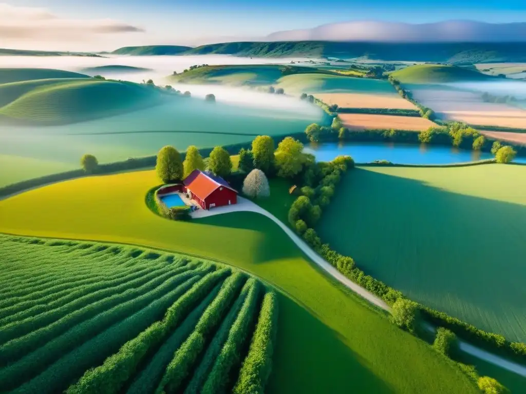 Propiedad rural: belleza y potencial en un paisaje idílico Paisaje rural con colinas verdes, río y granja roja