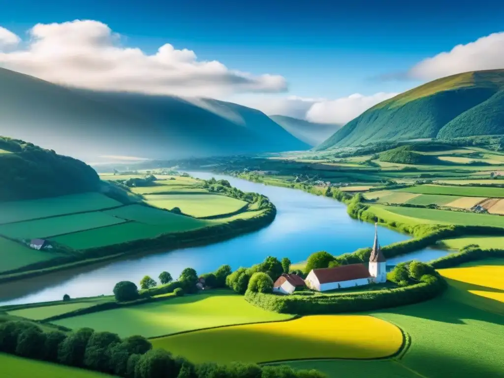 Idílico paisaje rural: verde, ríos y montañas nevadas Un paisaje rural sereno con colinas verdes, un río y montañas al fondo