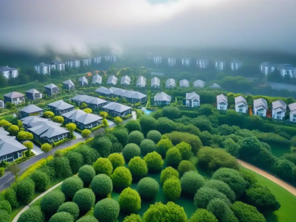 Vecindario residencial: armonía entre arquitectura moderna y naturaleza Un paisaje urbano armonioso y próspero que muestra la perfecta fusión entre arquitectura moderna y naturaleza