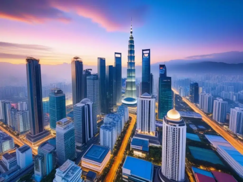 Metrópolis asiática: fusión de tradición y modernidad Un paisaje urbano en Asia-Pacífico fusiona arquitectura tradicional y rascacielos modernos al atardecer