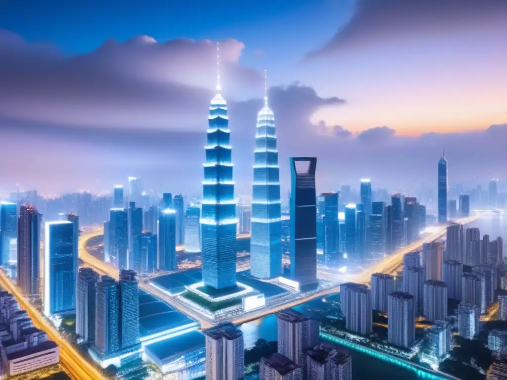 Transformación digital: Blockchain redefine finanzas inmobiliarias en Asia Paisaje urbano asiático con rascacielos iluminados y nodos de blockchain, reflejando la innovación en el financiamiento inmobiliario en Asia