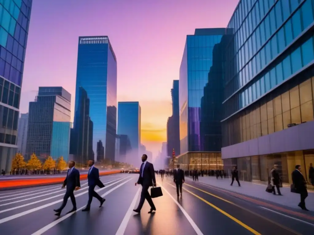 Atardecer urbano: arquitectura moderna y elegancia en la ciudad Un paisaje urbano al atardecer con edificios modernos y gente elegante en una calle, reflejando regulaciones urbanísticas seguridad bienes raíces