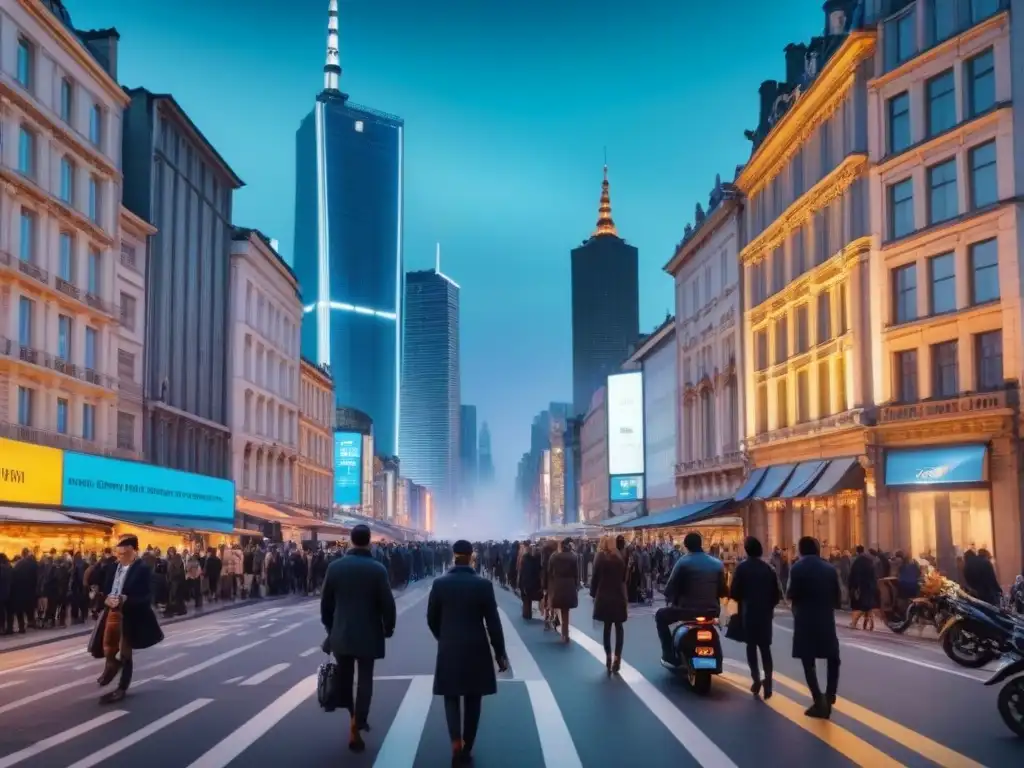 Metrópolis futurista: innovación y tradición en armonía Un paisaje urbano bullicioso al anochecer, fusionando rascacielos futuristas con edificios históricos
