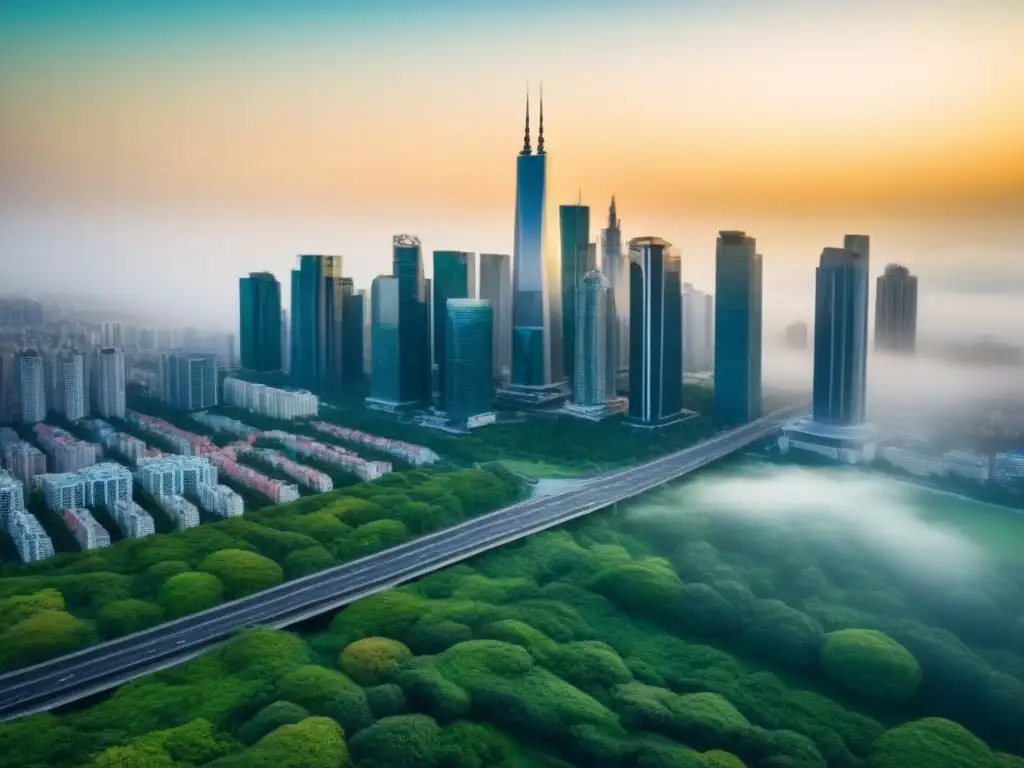 Panorama urbano: arquitectura moderna y naturaleza en auge Un paisaje urbano bullicioso con rascacielos, edificios residenciales y espacios verdes, simbolizando el crecimiento inmobiliario por regiones
