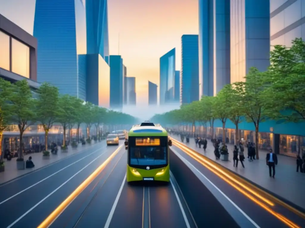 Metrópolis eco-sostenible: armonía entre modernidad y naturaleza Paisaje urbano con desarrollo sostenible, rascacielos verdes y buses eléctricos