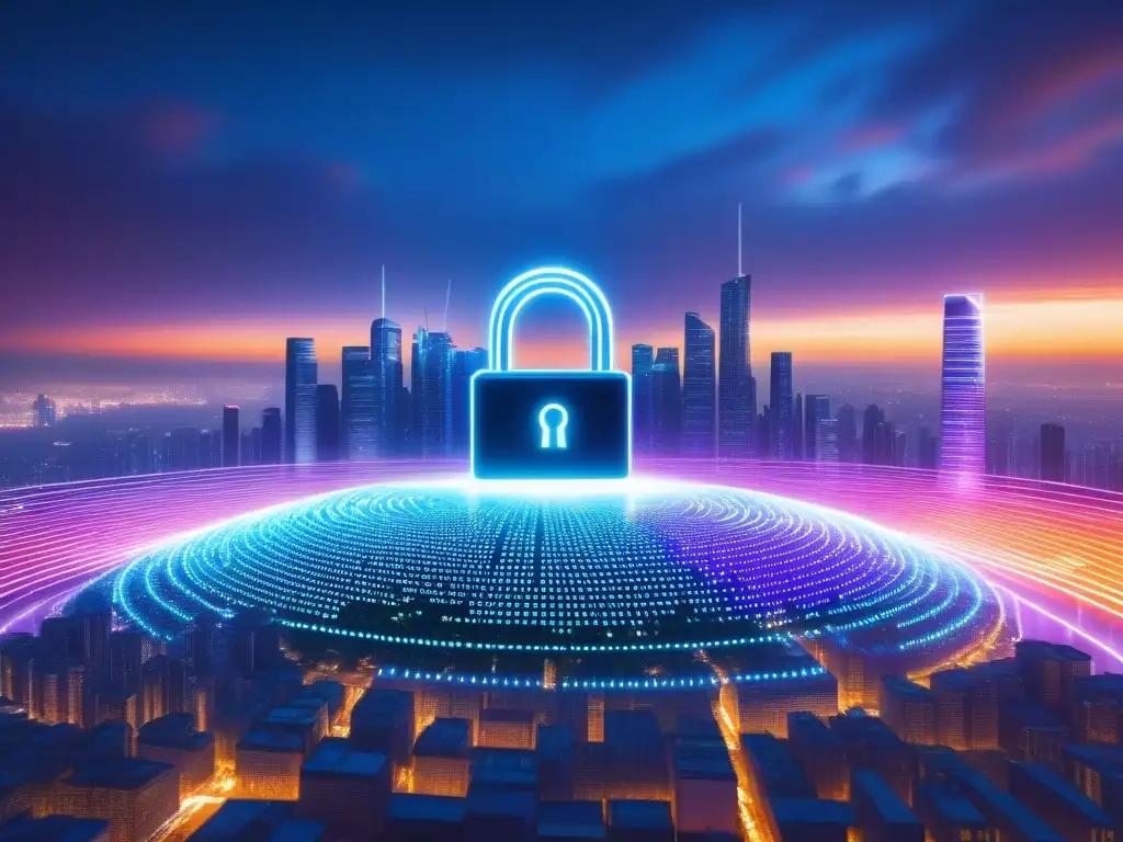 Metrópolis digital: skyline futurista protegido por ciberseguridad Un paisaje urbano digital futurista con rascacielos de código binario, luces de neón representando flujos de datos y protocolos de ciberseguridad