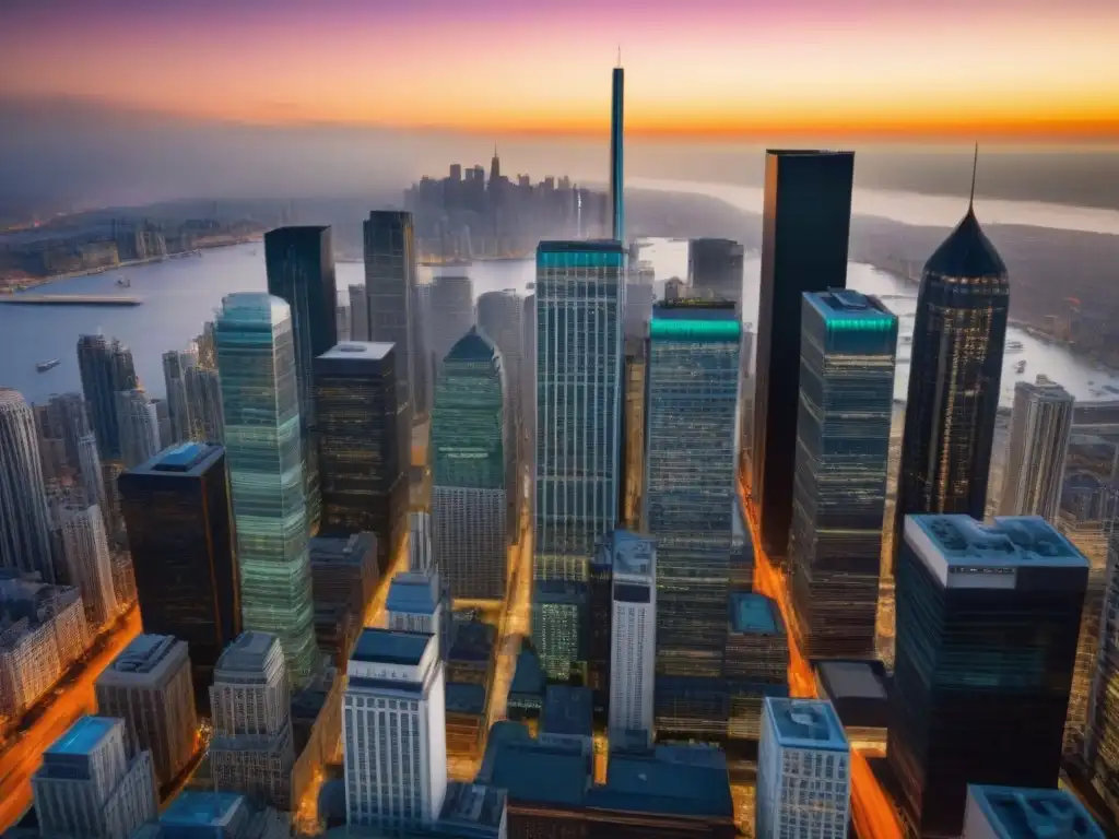 Un paisaje urbano diverso con rascacielos modernos y edificios históricos, reflejando la fusión de tradición e innovación en el mundo financiero