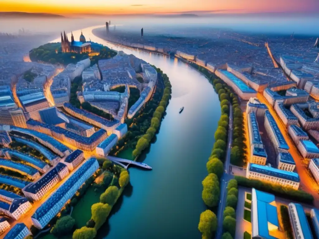Espléndida vista aérea de ciudad europea: historia y modernidad Paisaje urbano europeo vibrante con arquitectura histórica y rascacielos modernos, río serpenteante y atardecer dorado