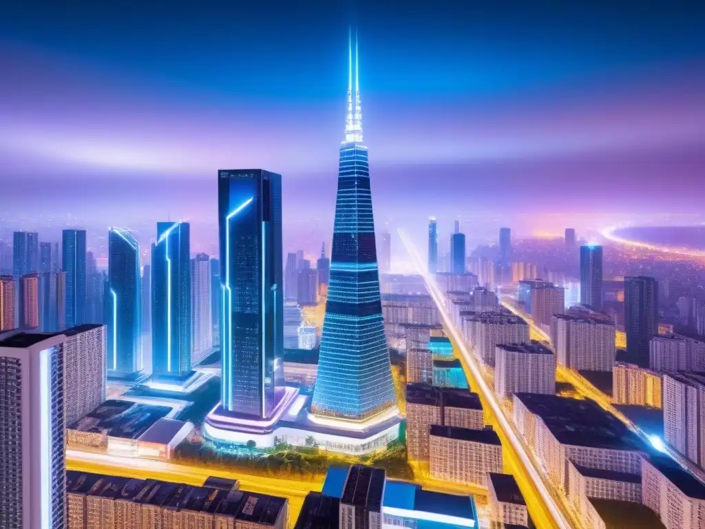 Metrópolis futurista: blockchain en tiempo real Un paisaje urbano futurista de alta tecnología con rascacielos iluminados por luces de neón, mostrando la integración de la tecnología blockchain en inversión inmobiliaria
