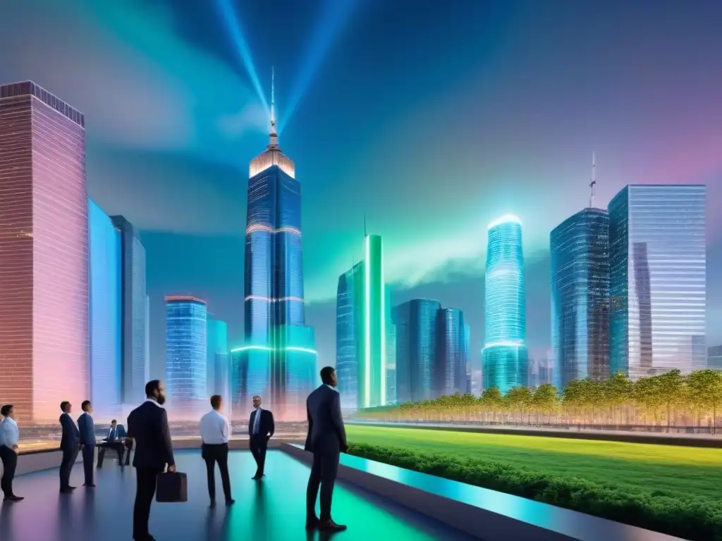 Metrópolis Futurista: Innovación Fintech en Real Estate Un paisaje urbano futurista con arquitectura sostenible, luces neón y profesionales de Fintech en inversión inmobiliaria